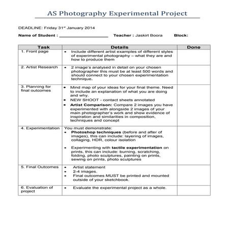 Experimental Photography assignment brief 2013-14