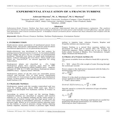 Experimental evaluation of a francis turbine