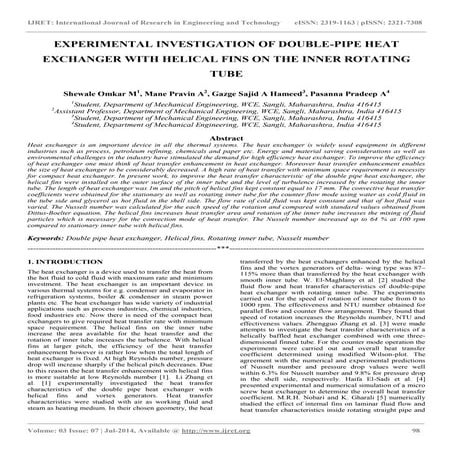 Experimental investigation of double pipe heat exchanger with helical fins on...