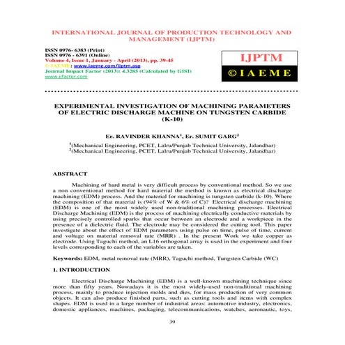Experimental investigation of machining parameters of electric