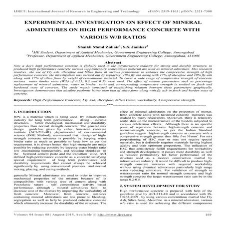 Experimental investigation on effect of mineral admixtures on high performanc...