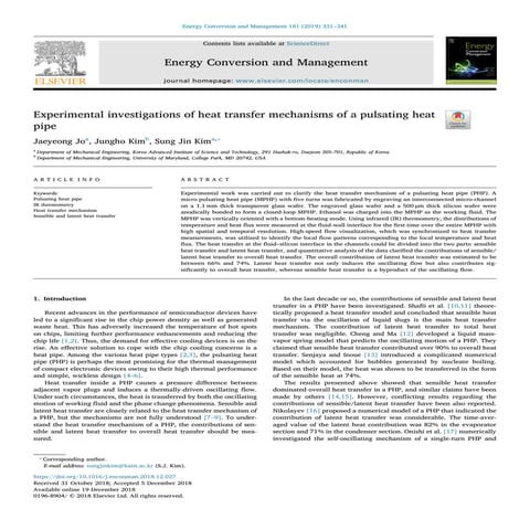 Experimental investigations of heat transfer mechanisms of a pulsating heat pipe