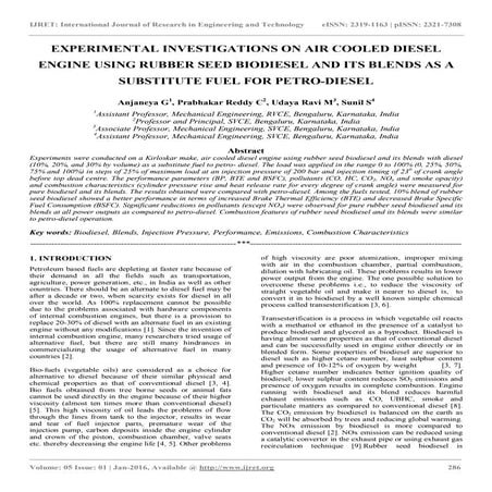 Experimental investigations on air cooled diesel engine using rubber seed bio...