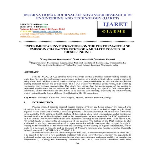 Experimental investigations on the performance and emissoin characteristics