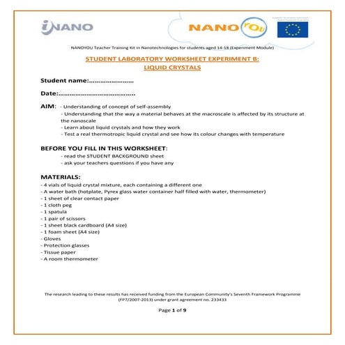 Experiment with liquid crystals - Student laboratory worksheet (age 14-18)