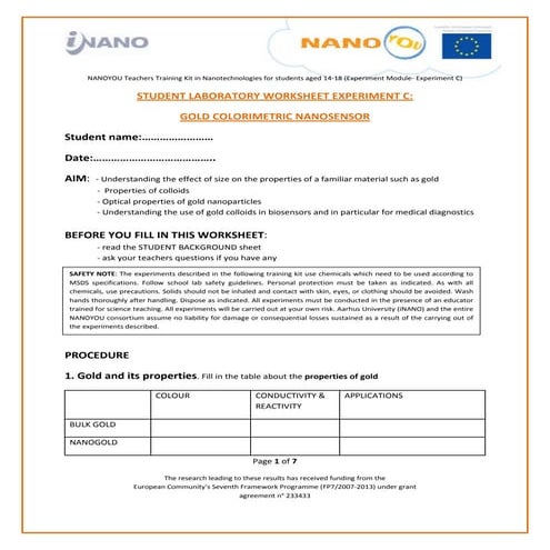 Experiment with colorimetric gold nanosensors - Student laboratory worksheet ...