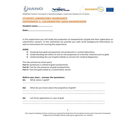 Experiment with colorimetric gold nanosensors - Student laboratory worksheet ...