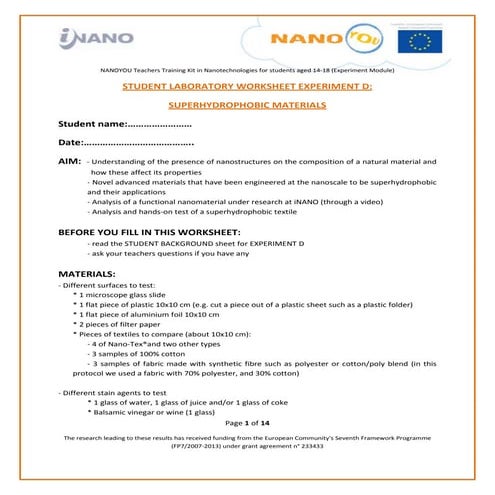 Experiment with superhydrophobic materials - Student laboratory worksheet (ag...