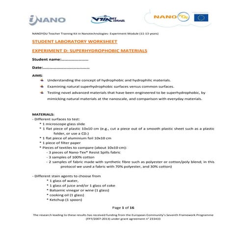 Experiment with superhydrophobic materials - Student laboratory worksheet (ag...