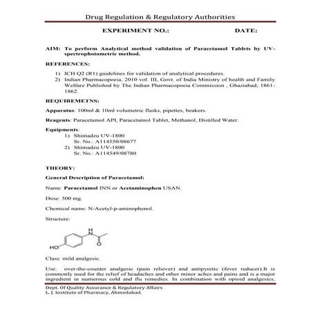 To perform Analytical method validation of Paracetamol Tablets by UV-spectrop...