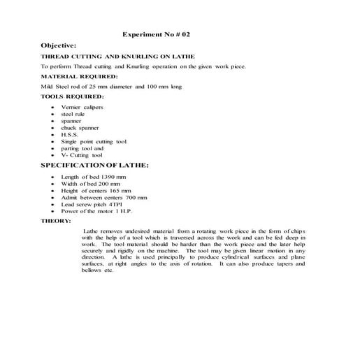 THREAD CUTTING AND KNURLING ON LATHE