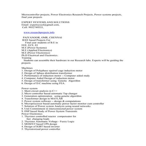 Expert systems and solutions - B.E Projects ECE, EEE, EIE
