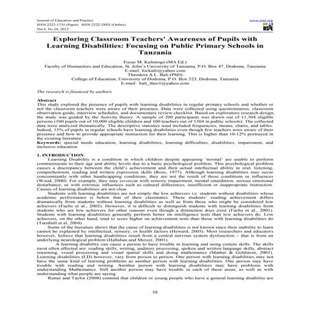 Exploring classroom teachers' awareness of pupils with learning ...