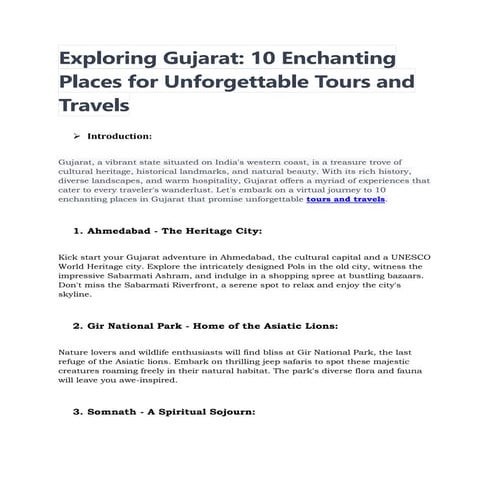 Gujarat Tour Packages for Cultural Heritage and Spiritual Travel | PDF
