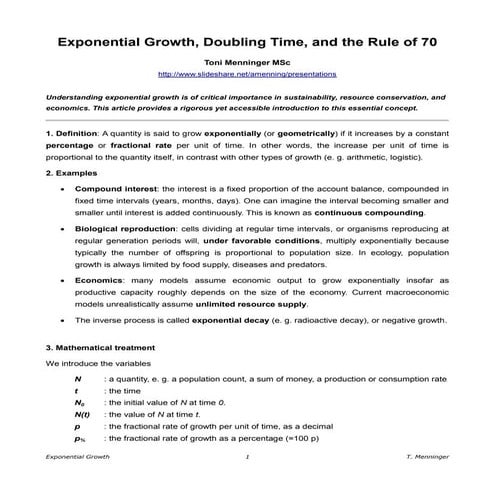 Exponential Growth, Doubling Time, and the Rule of 70