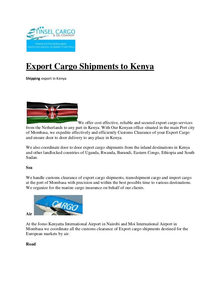 Export cargo shipments to kenya