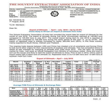 Export of oilmeals july