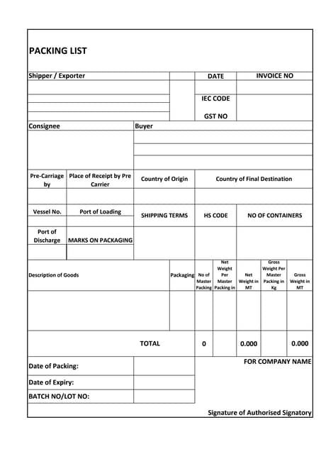 Export packing list sample