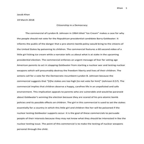 Expository writing class paper critically analyzes Lyndon B. Johnson's electi...