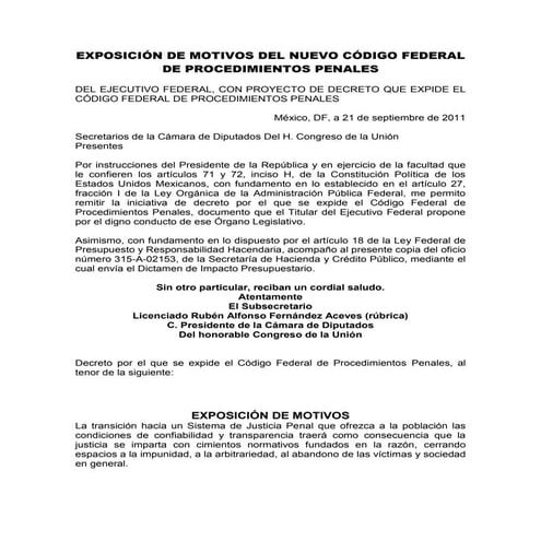 Exposición de motivos del nuevo código federal de procedimientos penales