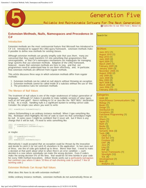 Extension methods, nulls, namespaces and precedence in c#
