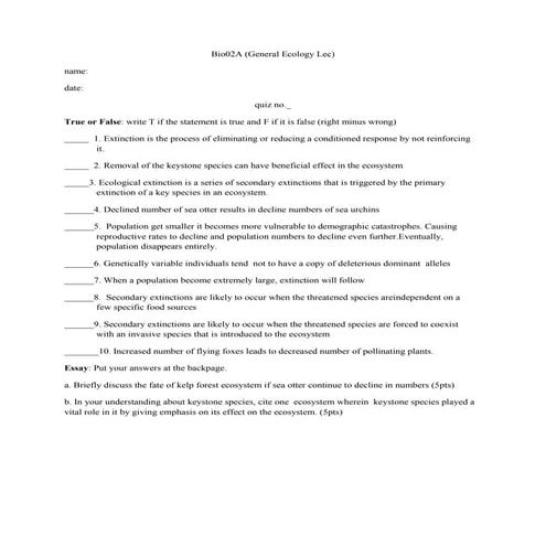 Extinction cascade quiz 