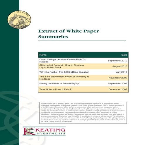 Extract of White Paper Summaries, Dec 2008 - Sept 2010