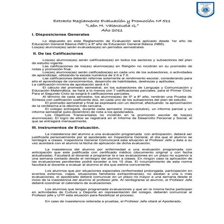 Extracto reglamento evaluación y promoción nº 511
