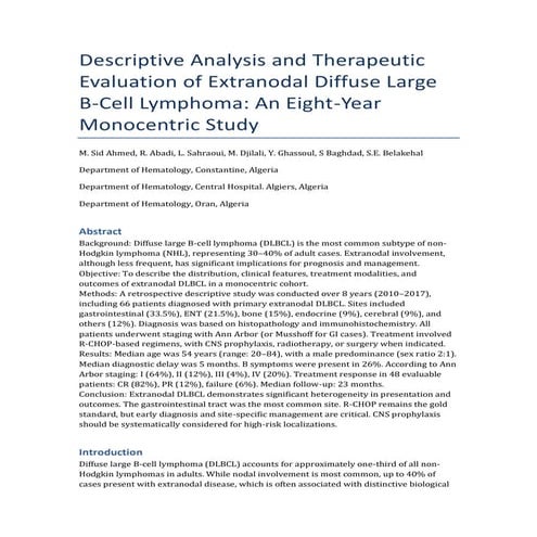 Descriptive Analysis and Therapeutic Evaluation of Extranodal Diffuse ...