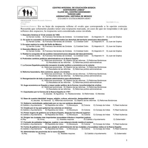 Examen extraordinario historia tercero de secundaria