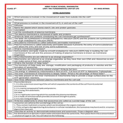 extra questions - THE FUNDAMENTAL UNIT OF LIFE