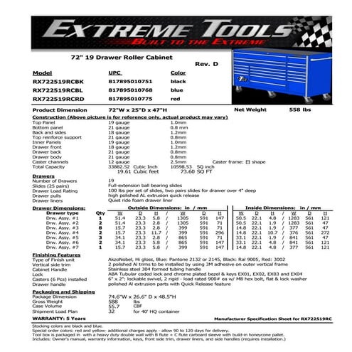 Extreme Toolbox RX722519RC Specifications