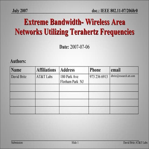 Extreme Bandwidth Wireless Area Networks Utilizing Terahertz Frequencies