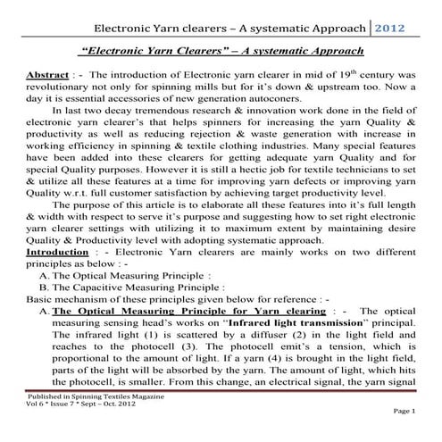 Electronic Yarn Clearers – A Systematic Approach