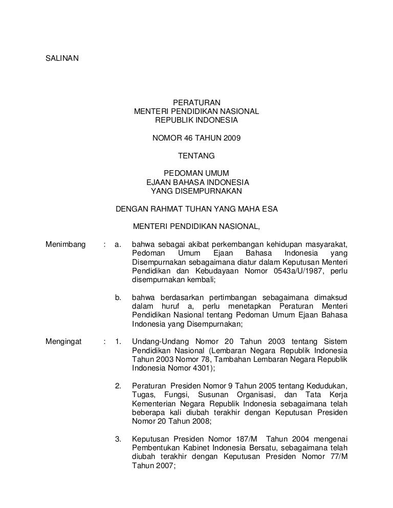 Ejaan Yang Disempurnakan Permendiknas 46 2009