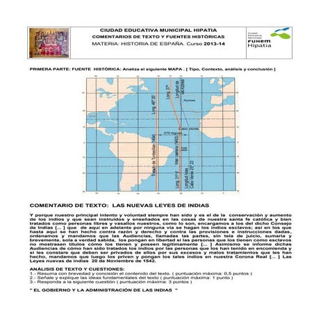 F. histórica y c. de texto. las leyes nuevas de indias 2º    2013 14