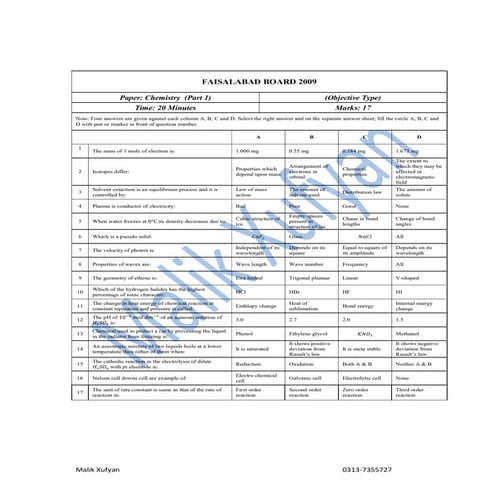 F.Sc. Part 1 Paper Faisalabad Board 2009 (Malik Xufyan)