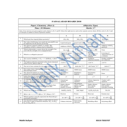 F.Sc. Part 1 Chemistry Paper Faisalabad Board 2010 (Malik Xufyan)