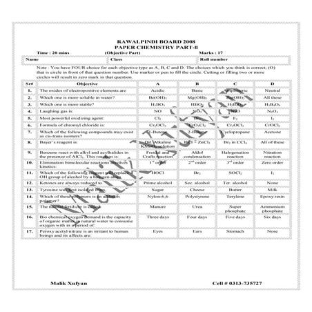 F.Sc. Part 2 Chemistry Paper Rawalpindi Board 2008 (Malik Xufyan)