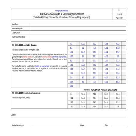 F 3  audit &amp; gap analysis checklist