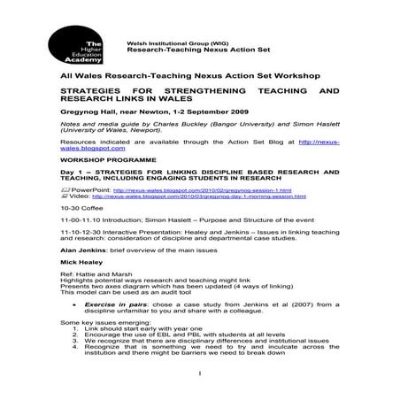 Notes from Gregynog HEA Research-Teaching Nexus Action Set Workshop (Sept 2009)