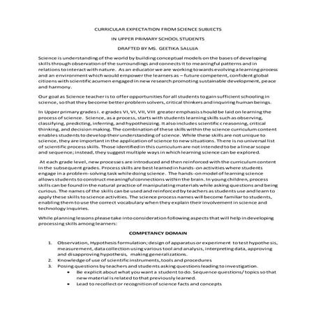 CURRICULAR EXPECTATION FROM SCIENCE SUBJECTS in Upper primary school students