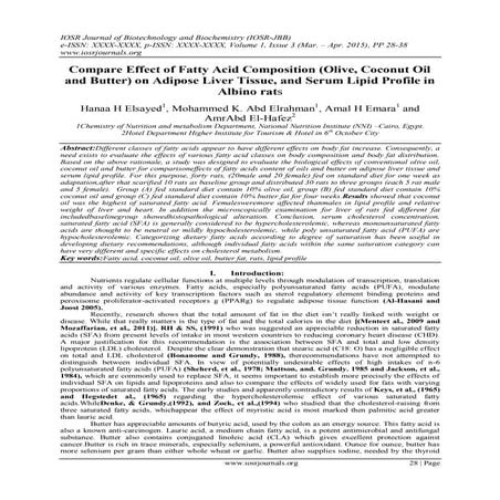 Compare Effect of Fatty Acid Composition (Olive, Coconut Oil and Butter) on A...