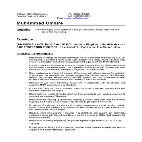 CV Muhammed Salahuddeen, Fire Protection Engineer | DOCX