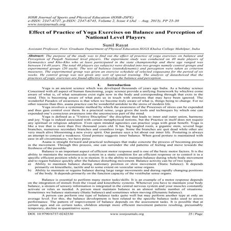 Effect of Practice of Yoga Exercises on Balance and Perception of National Le...