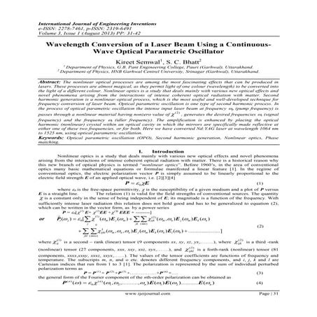 Wavelength Conversion of a Laser Beam Using a Continuous- Wave Optical Parame...