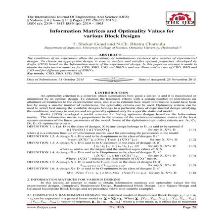 Information Matrices and Optimality Values for various Block Designs