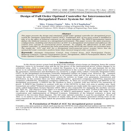 Design of Full Order Optimal Controller for Interconnected Deregulated Power ...