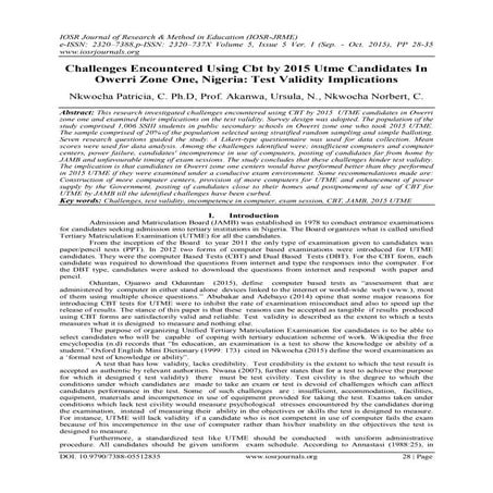 Challenges Encountered Using Cbt by 2015 Utme Candidates In Owerri Zone One, ...