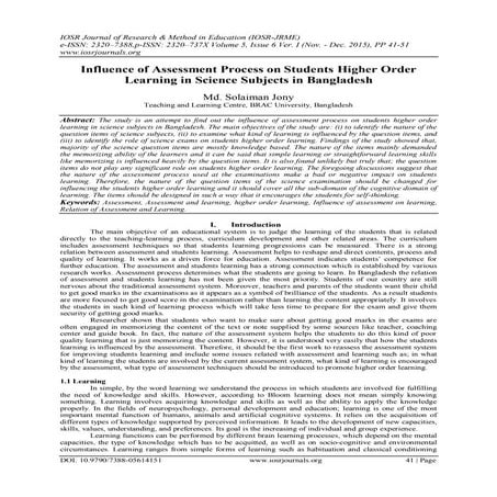 Influence of Assessment Process on Students Higher Order Learning in Science ...